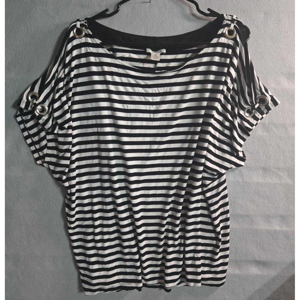 Westbound Woman Black White Striped Cold Shoulder Grommet Top Plus Size 3X